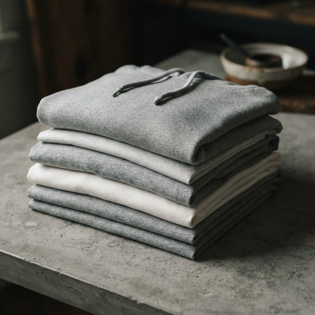 Folded stack of blank heather-gray tees and hoodies
