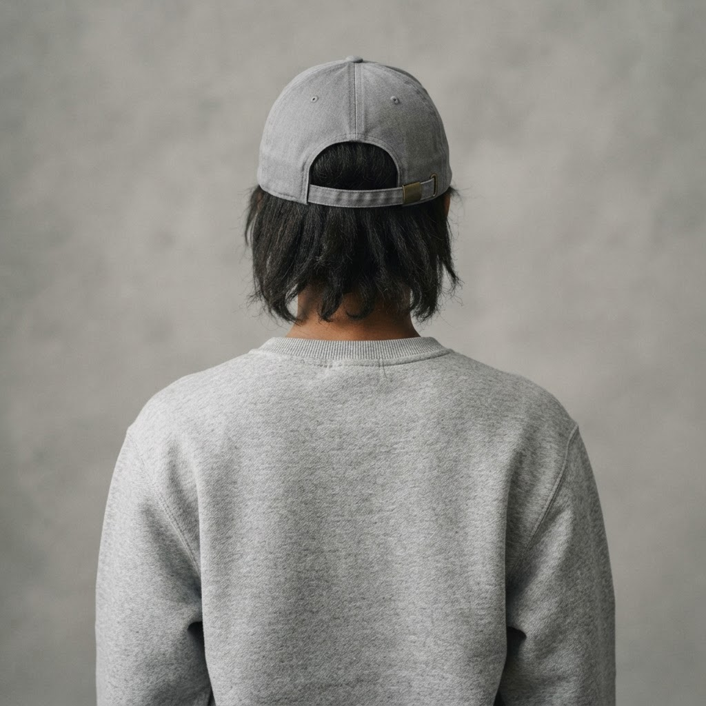 Person wearing a blank gray cap and athletic crewneck